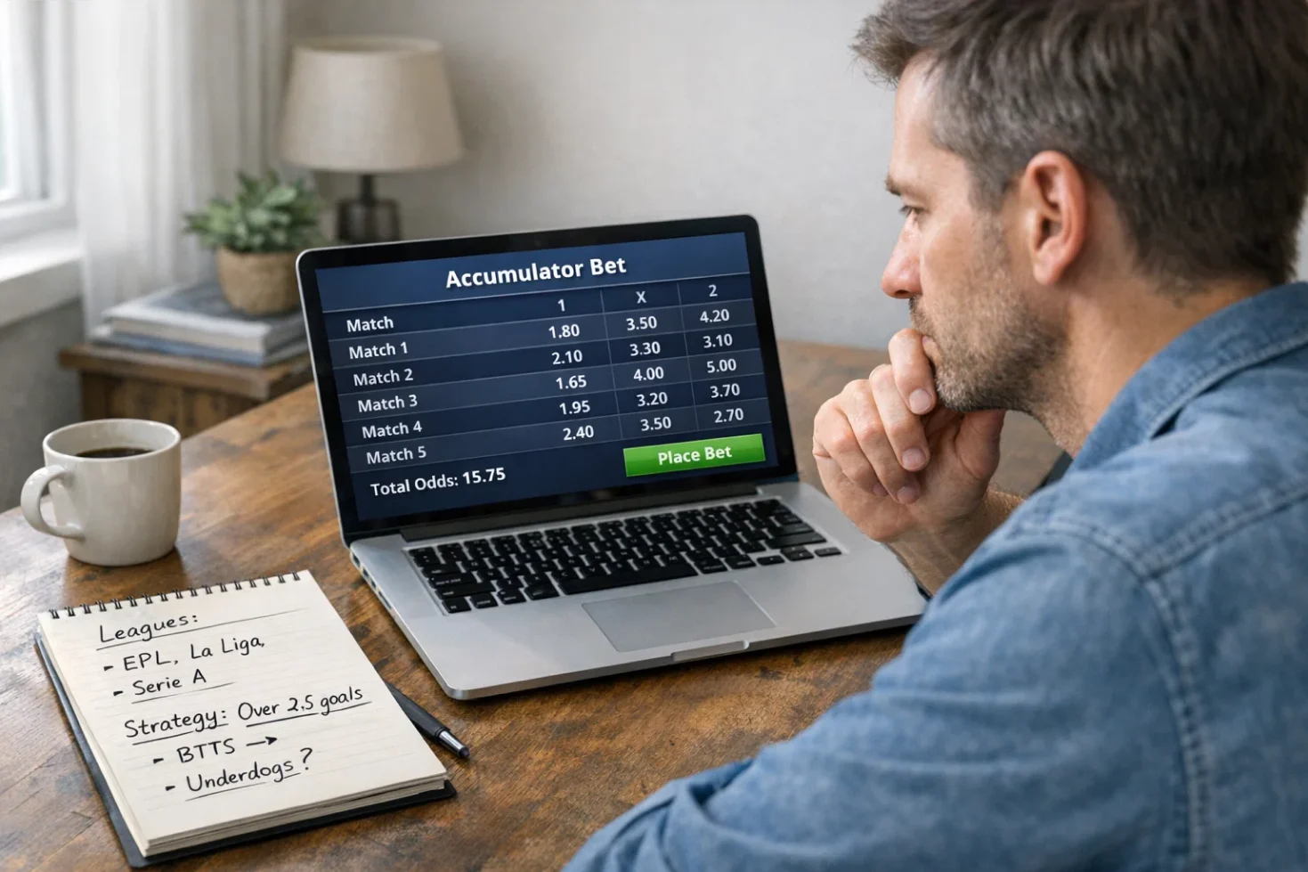 Person selecting football matches for accumulator on laptop with research notes