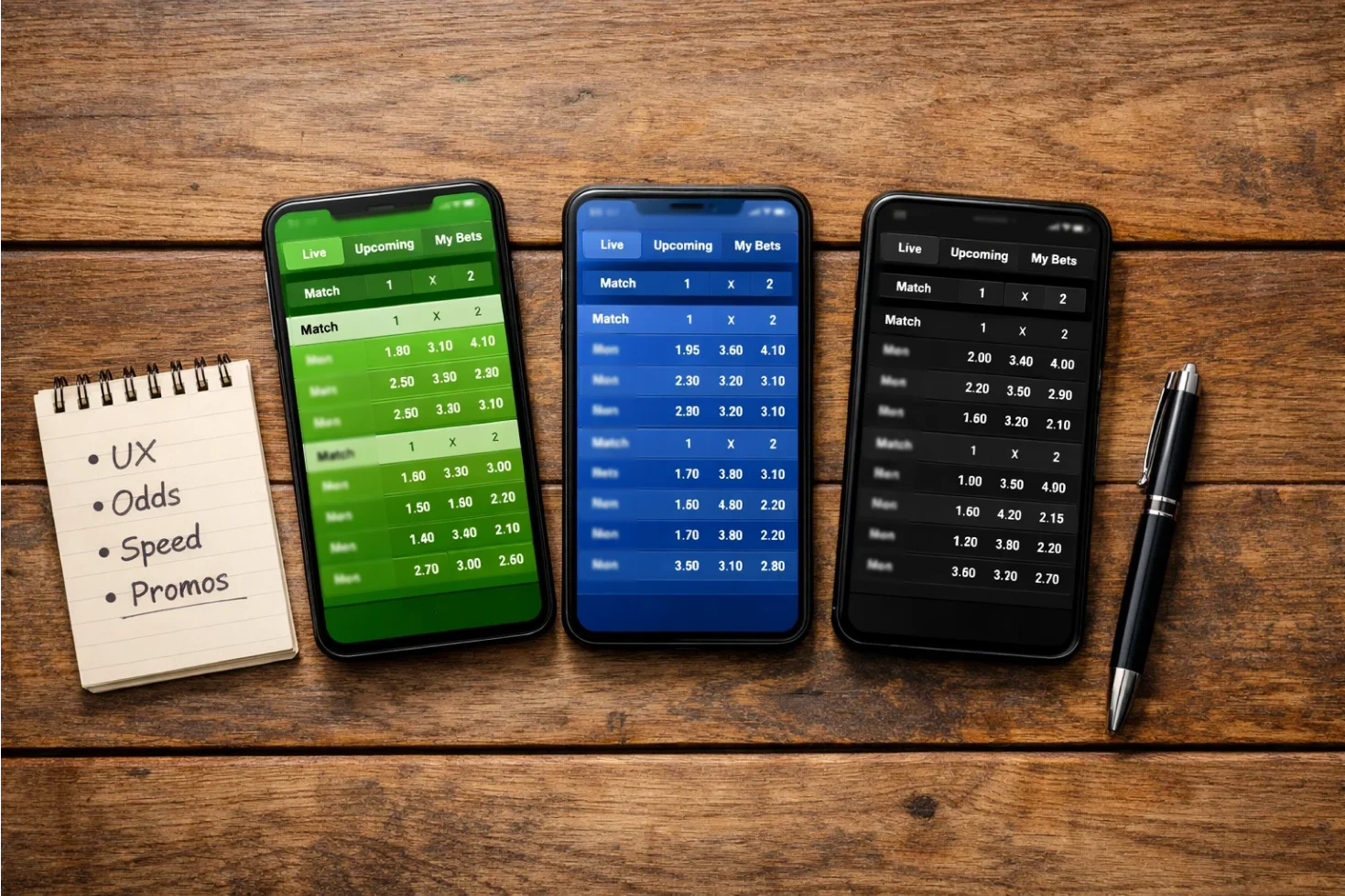 Multiple smartphones showing different betting app interfaces side by side