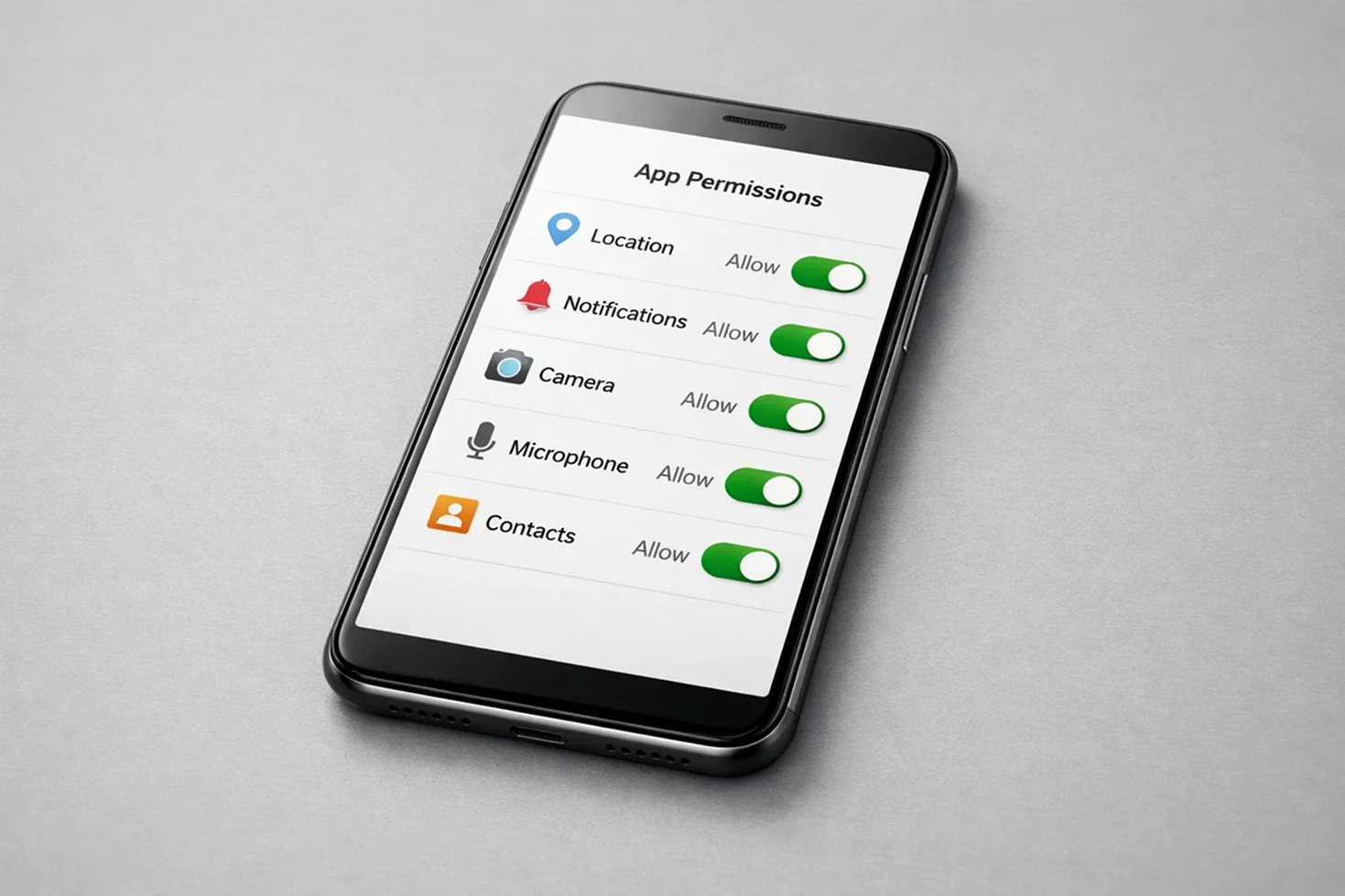 Smartphone settings screen showing app permissions for location and notifications