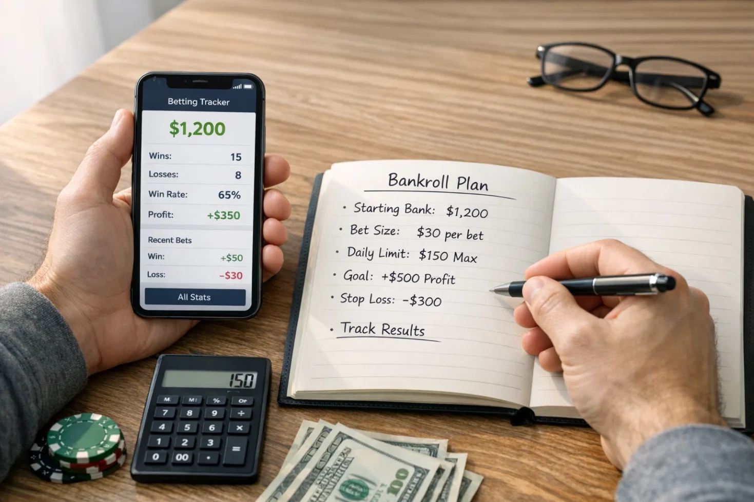 Person planning betting budget with notebook and smartphone showing bet tracker