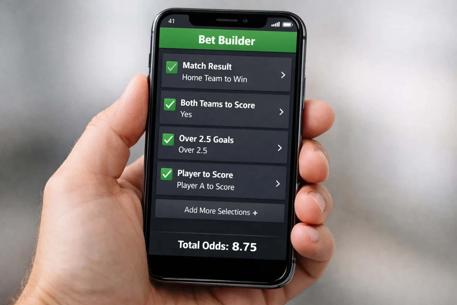 Smartphone displaying bet builder interface with multiple football selections