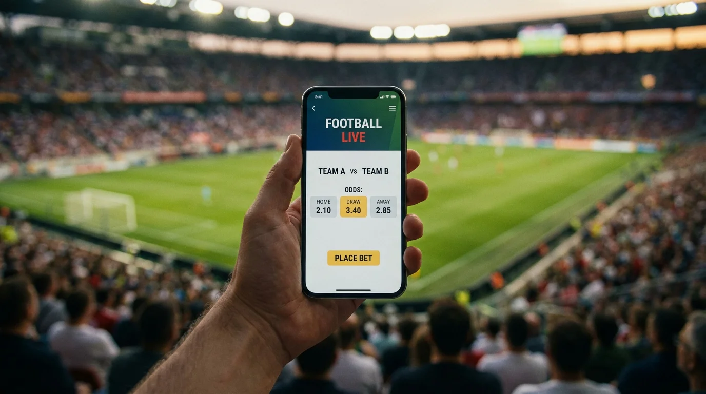 Hand holding a smartphone showing a football betting app with a stadium in the background