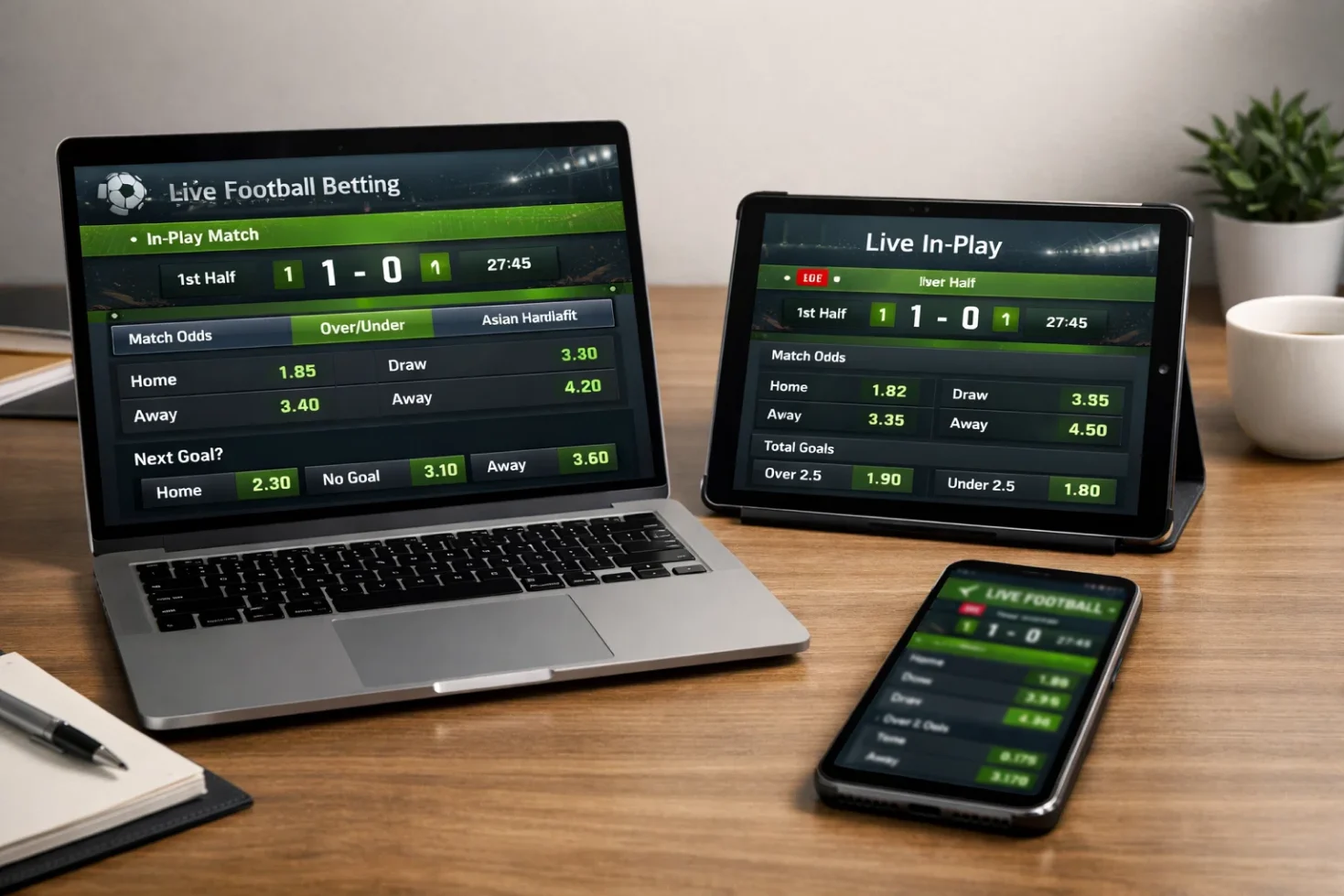 Multiple devices displaying live football betting platforms with real-time odds