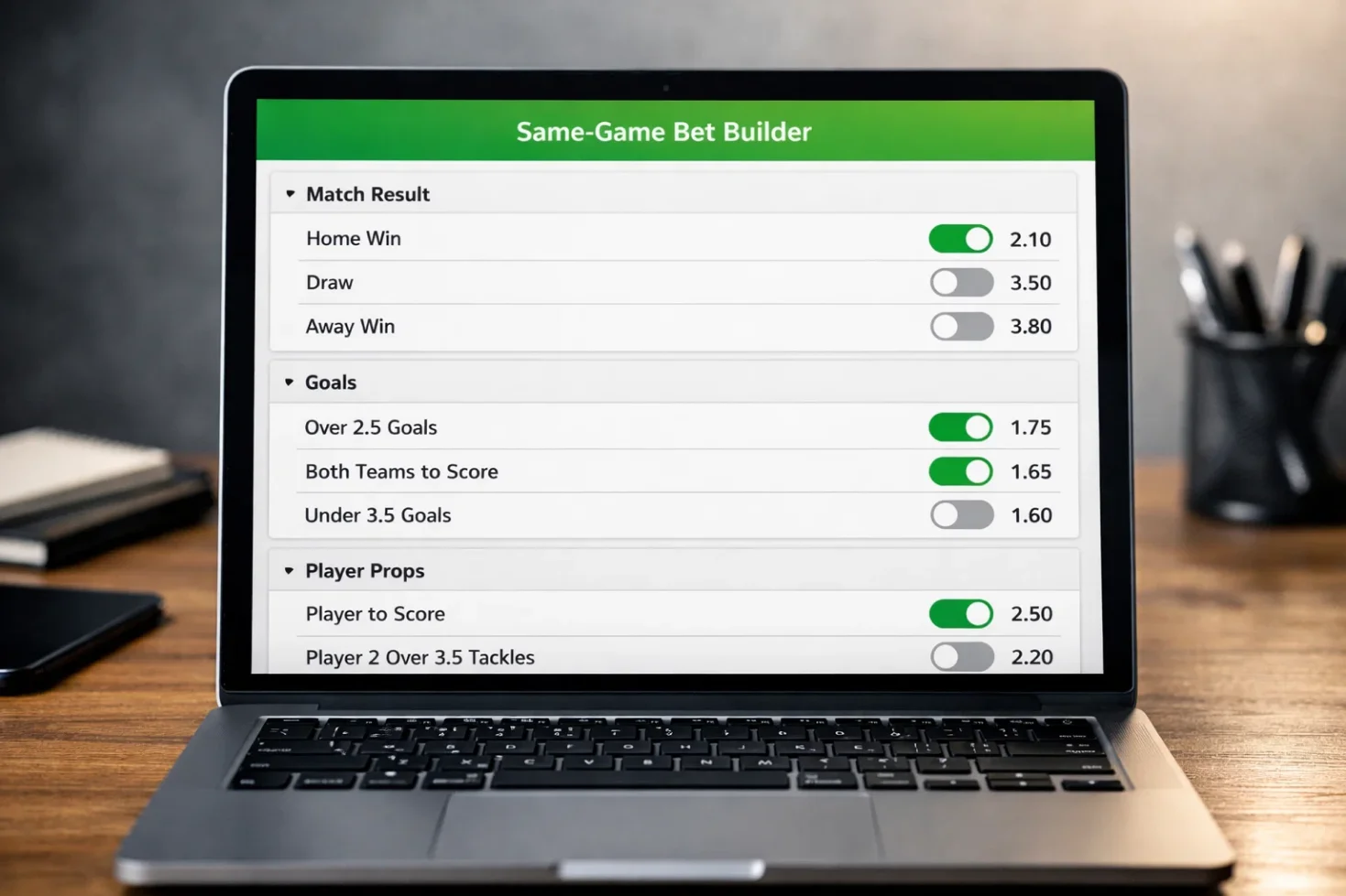 Screen showing same game parlay builder with player props and match outcomes