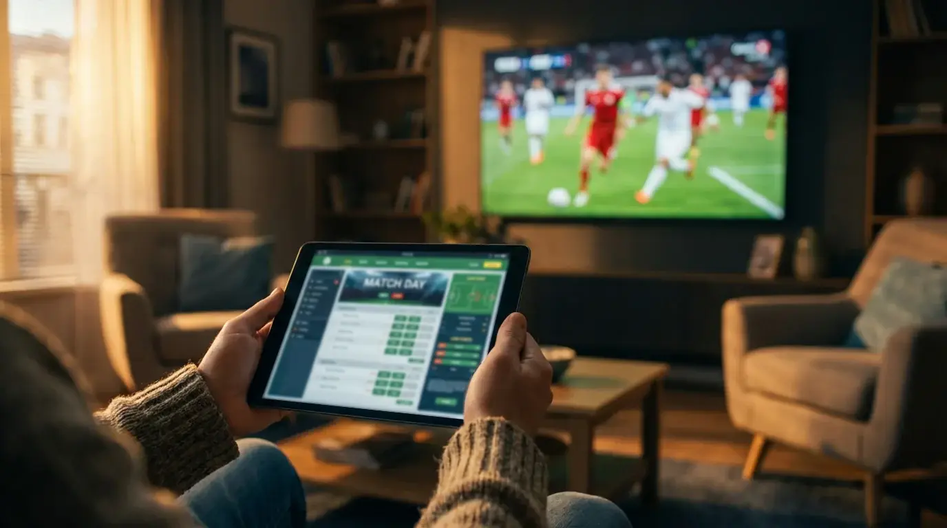 Person using a sports betting platform on a tablet while watching football on TV