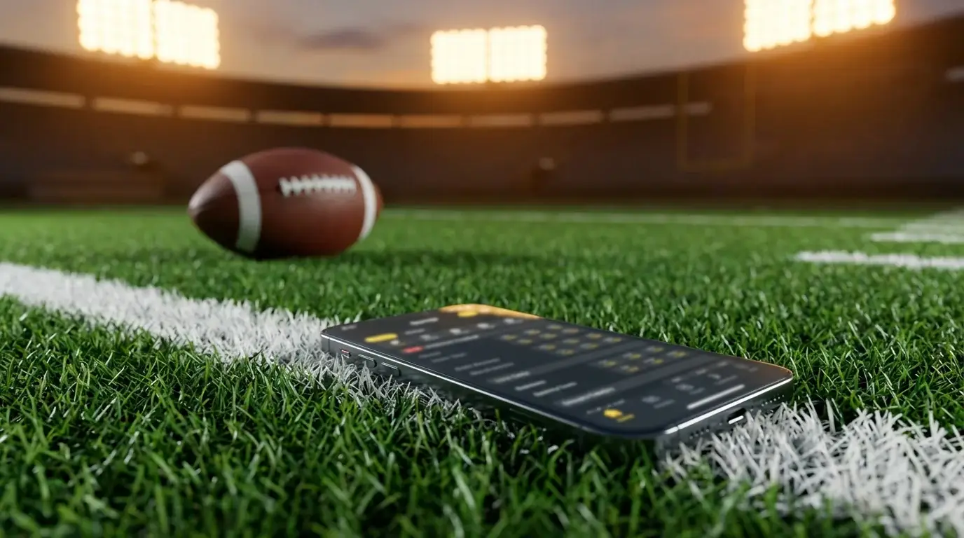 Smartphone displaying a sportsbook app resting on an American football field