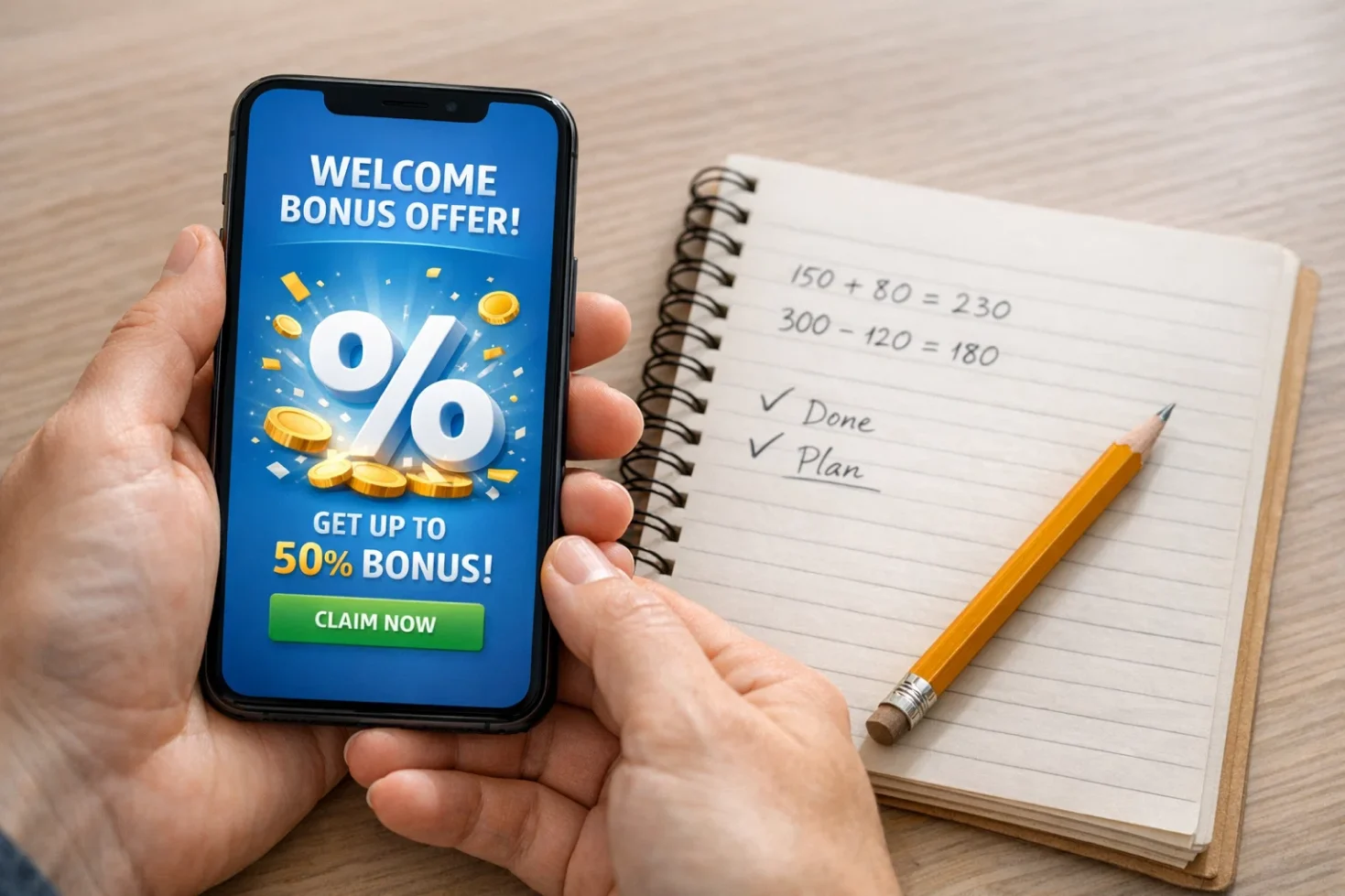Person reviewing welcome bonus terms on smartphone with notebook for calculations
