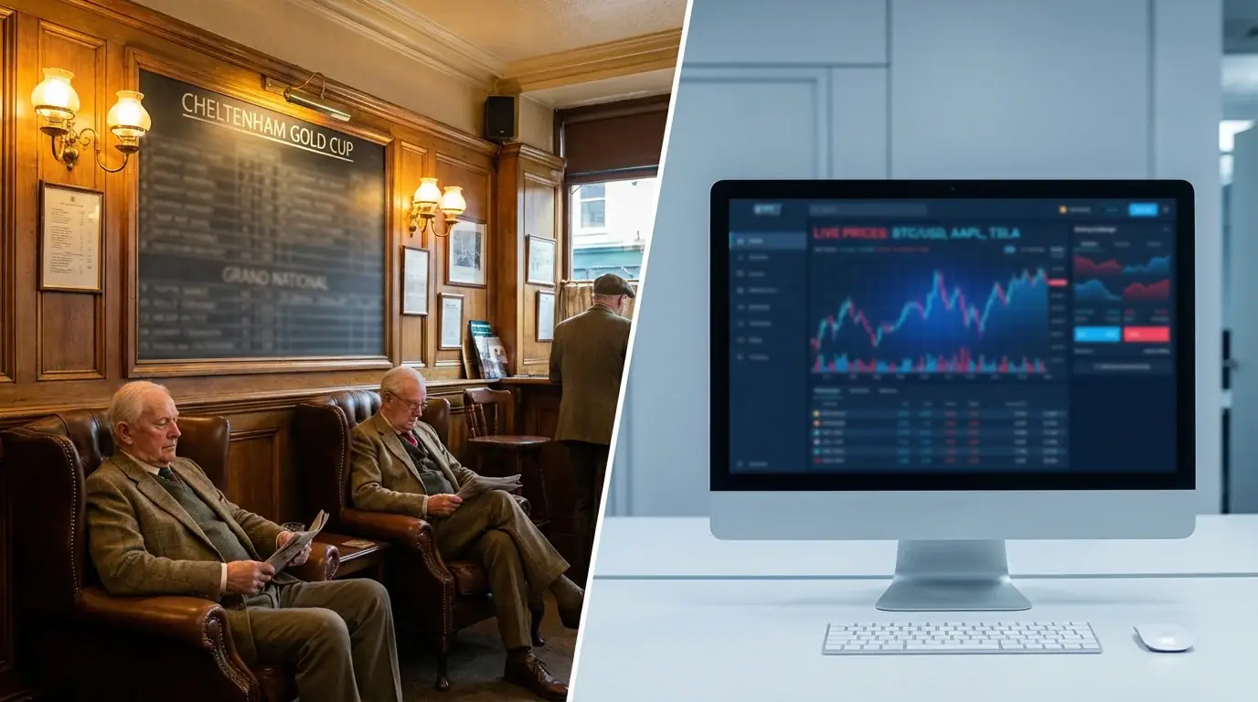 Split image of a traditional bookmaker shop and a modern digital trading screen