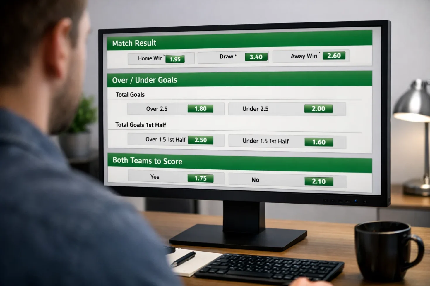 Sportsbook screen displaying different football betting markets like match result and goals