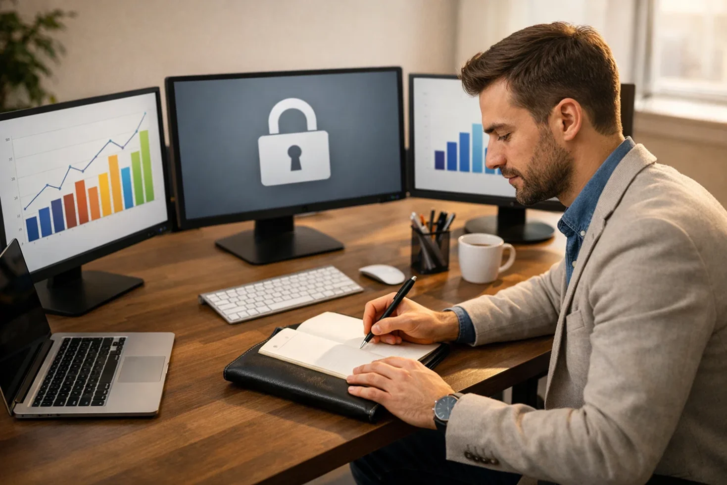 Expert reviewing betting platforms with security badges and quality indicators