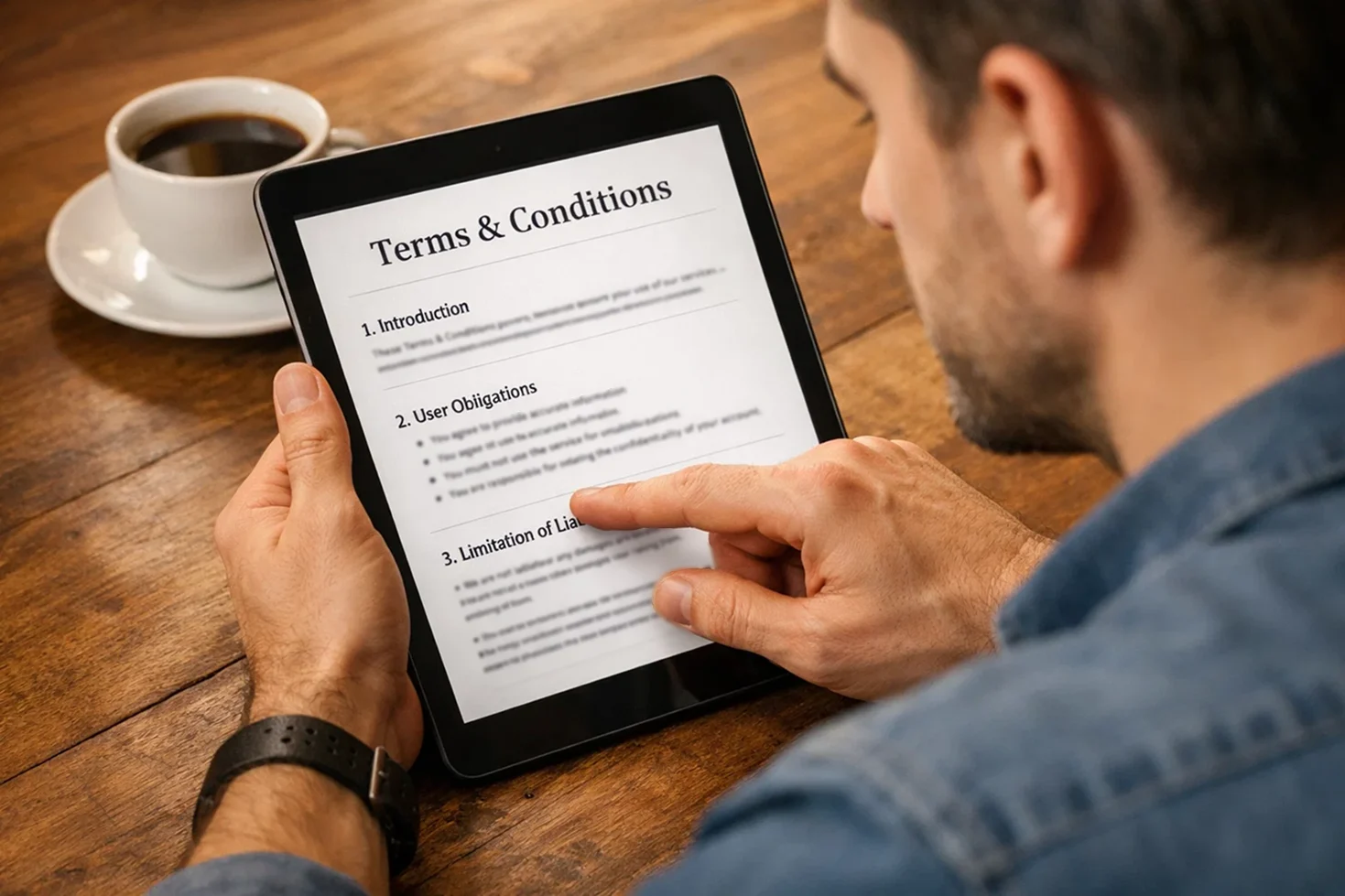 Person reading betting bonus terms and conditions on tablet device