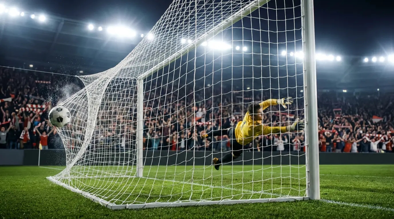 Two football goalkeepers diving in opposite directions as the ball enters the net