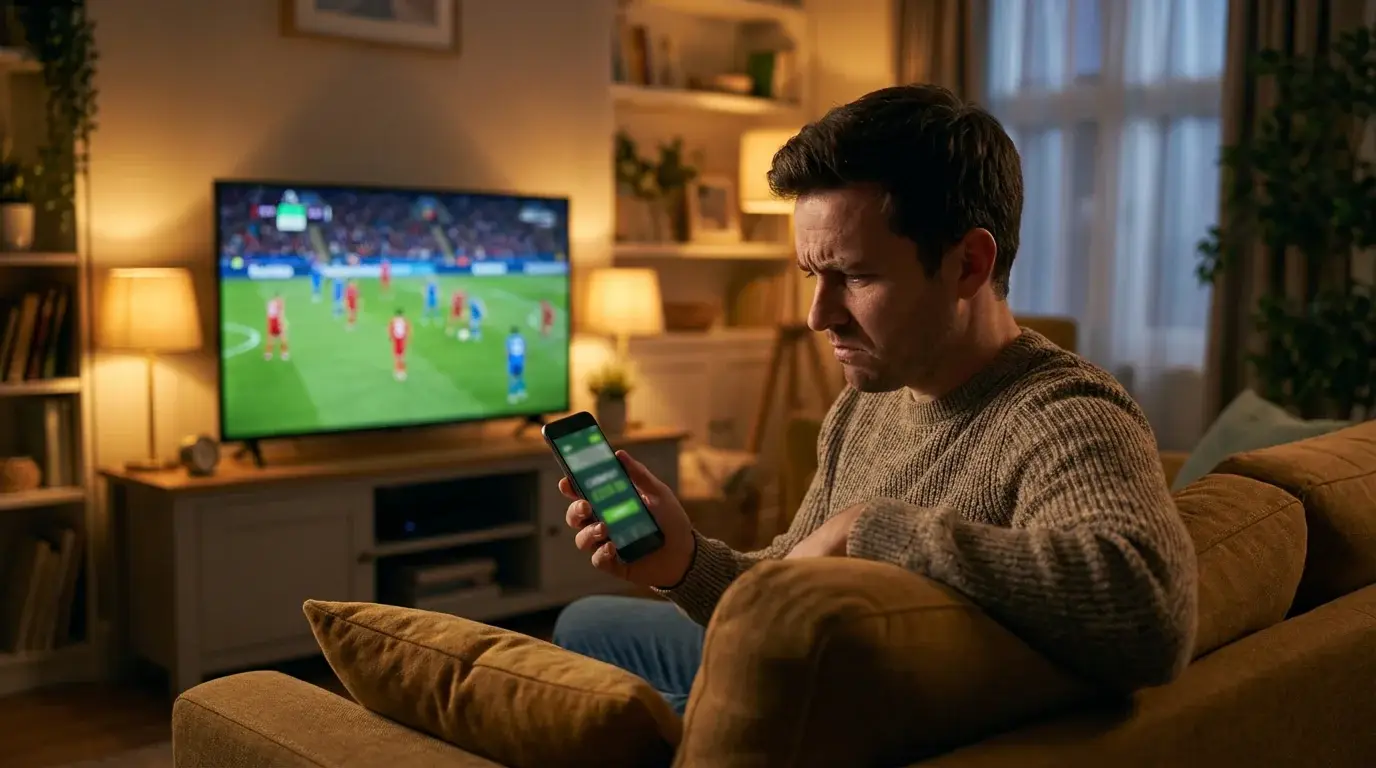 Person watching a football match on TV with a phone showing a cash out option