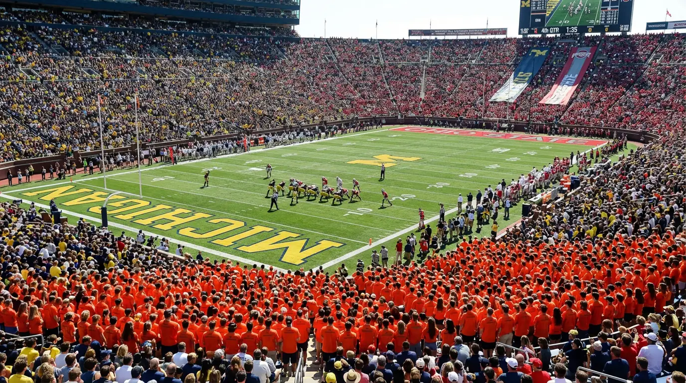 College football game in a packed university stadium with fans cheering
