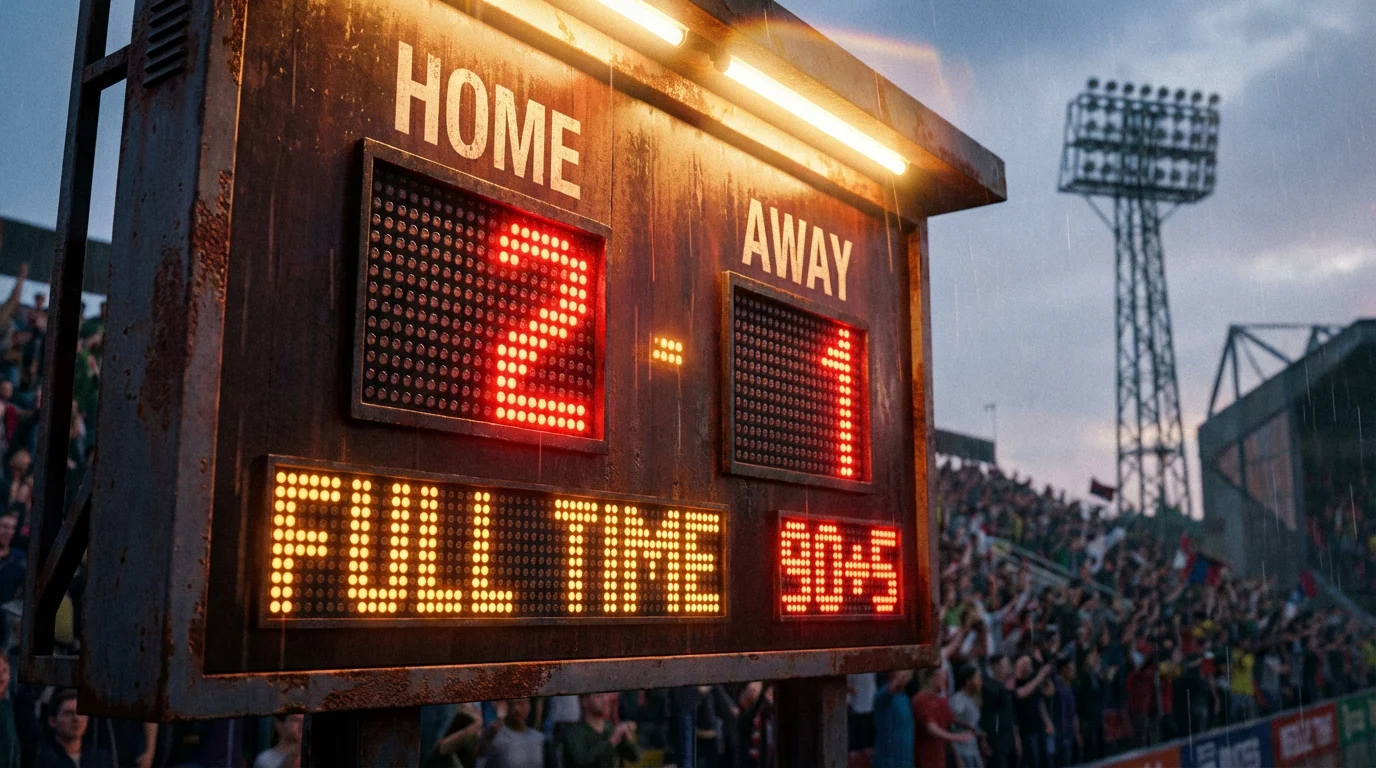 Football stadium scoreboard showing a match result under evening floodlights