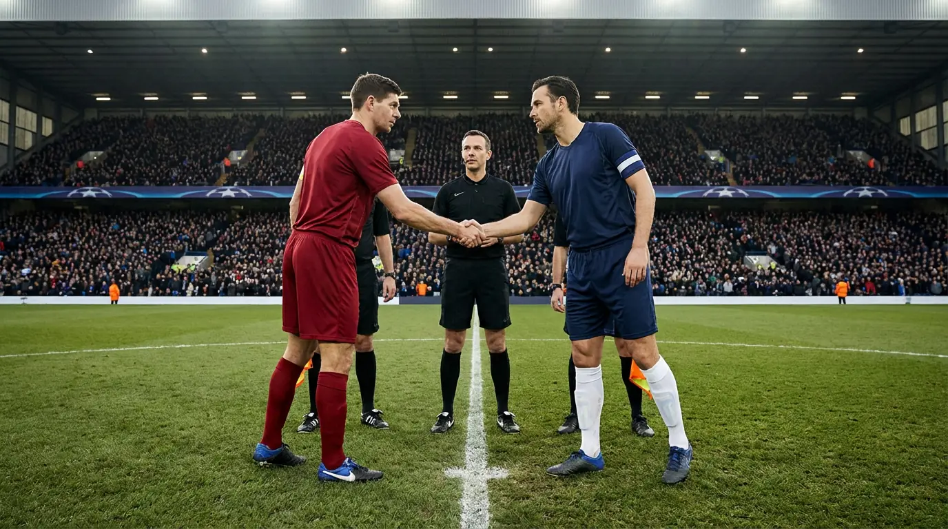 Two football teams shaking hands at the centre circle before a tightly contested match