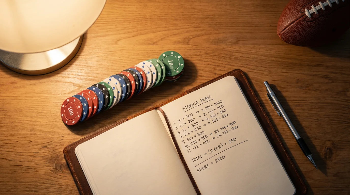 Neat stack of poker chips next to a notebook with a staking plan on a desk