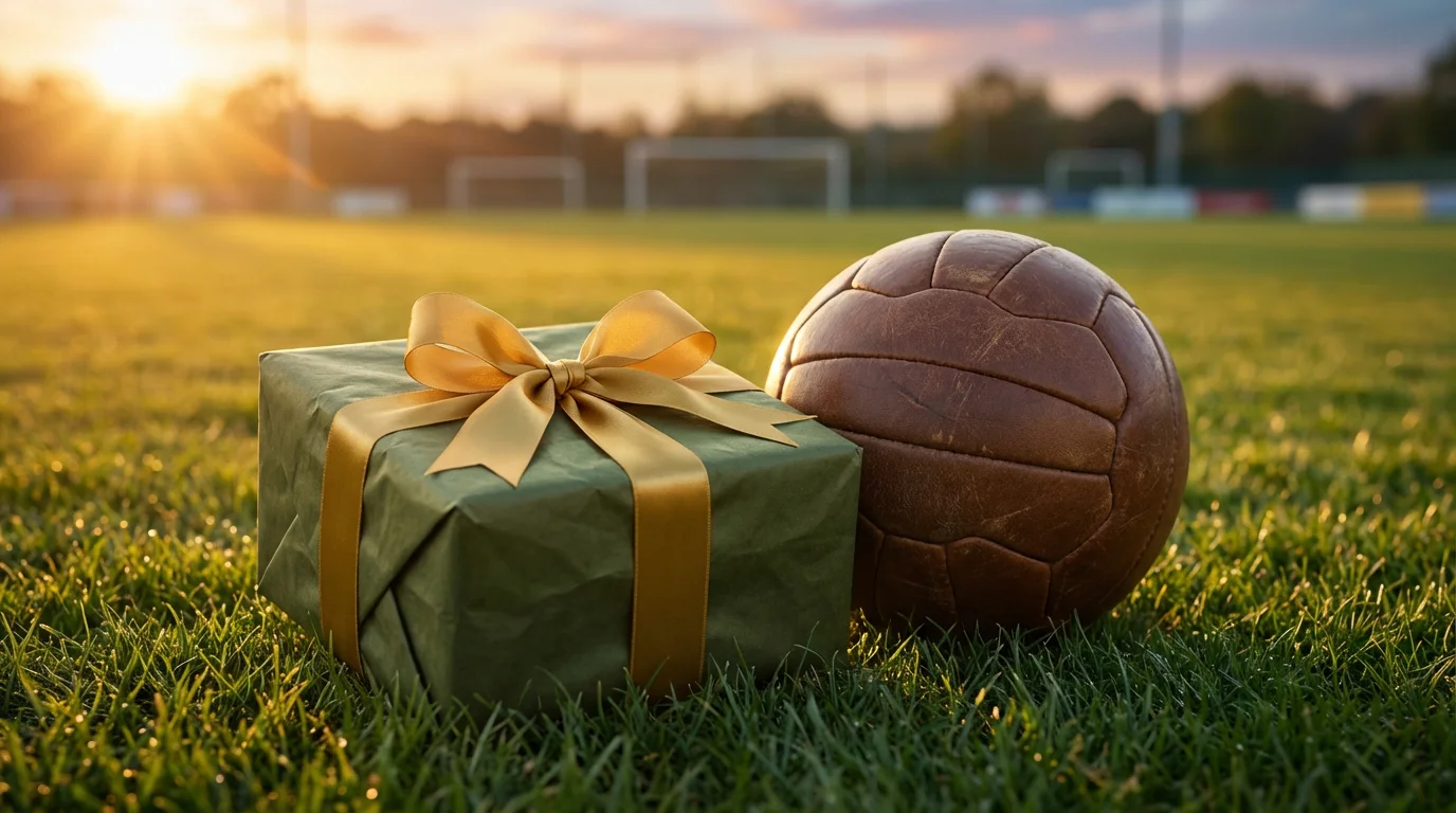 Gift box wrapped in green with a golden ribbon next to a football on grass