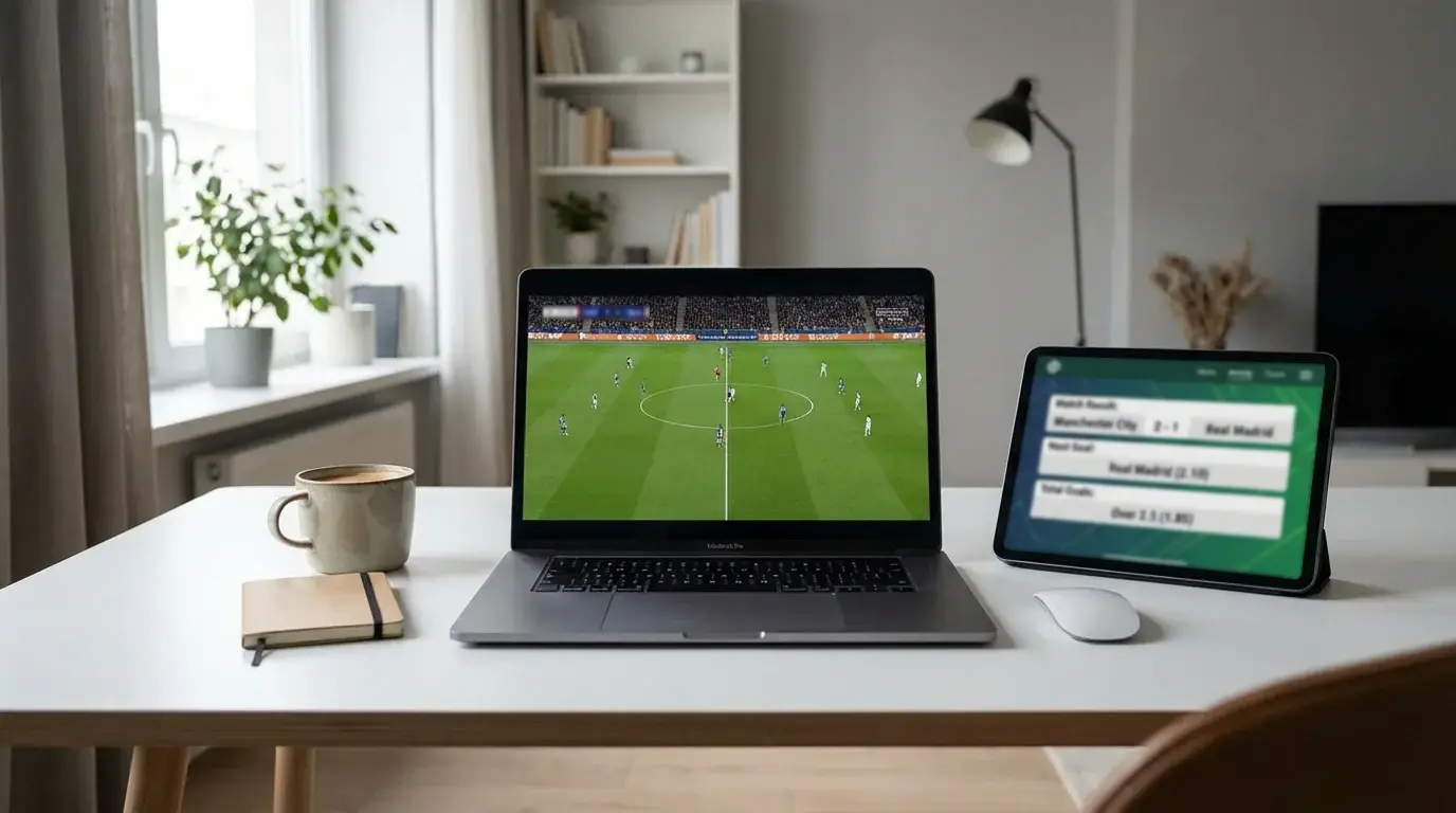 Laptop screen showing a live football stream next to a betting interface on a tablet