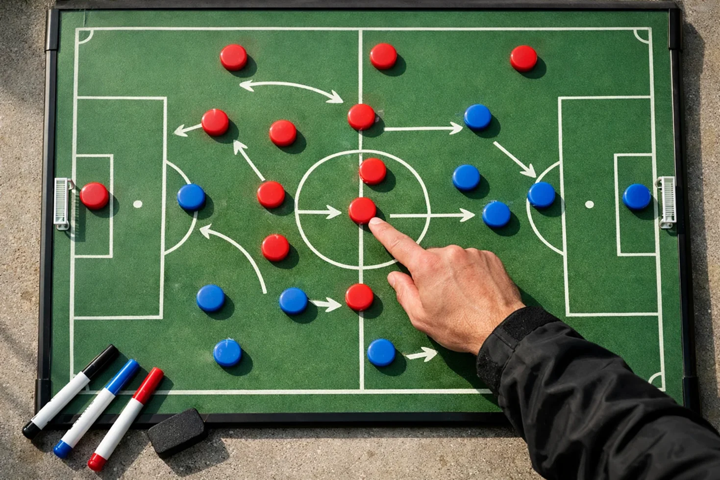 Football pitch with tactical board showing different betting market options