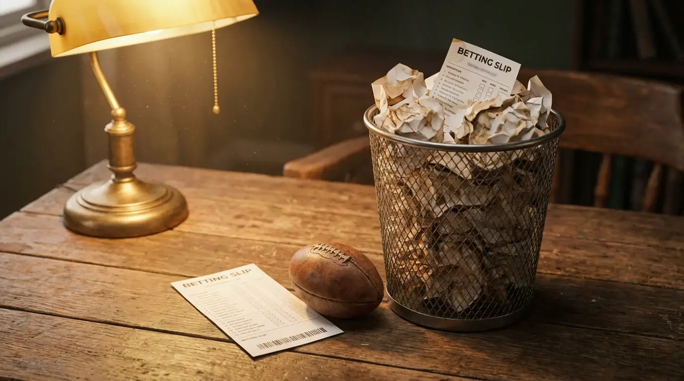 Crumpled betting slips in a waste bin next to a football on a desk
