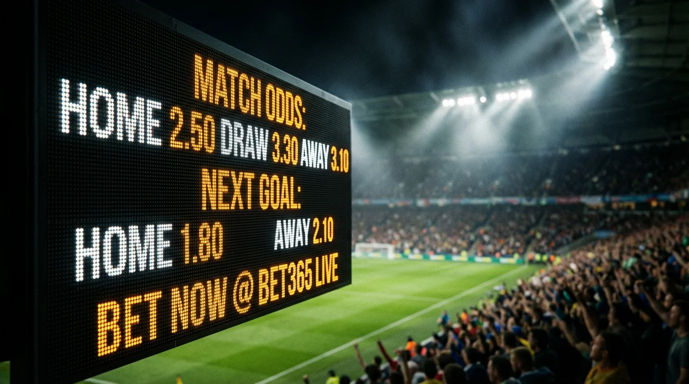 Close-up of a football stadium scoreboard displaying match odds under bright floodlights