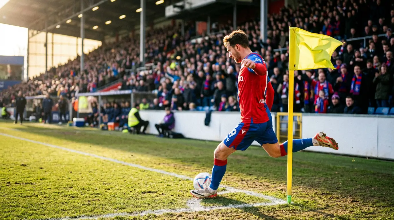 Corner flag fluttering on a football pitch with a player preparing to take a corner kick