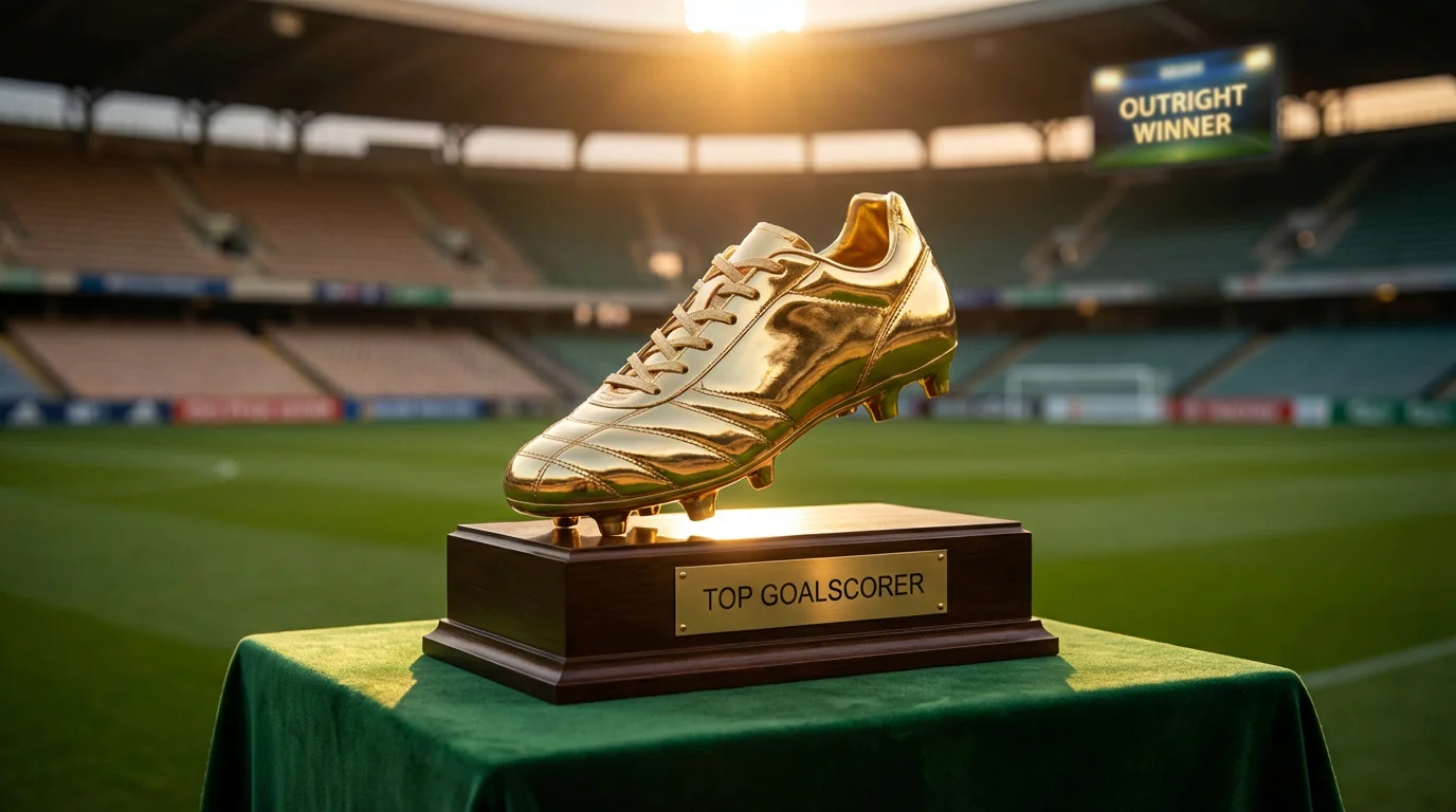 Golden boot trophy on a podium with a football pitch in the background