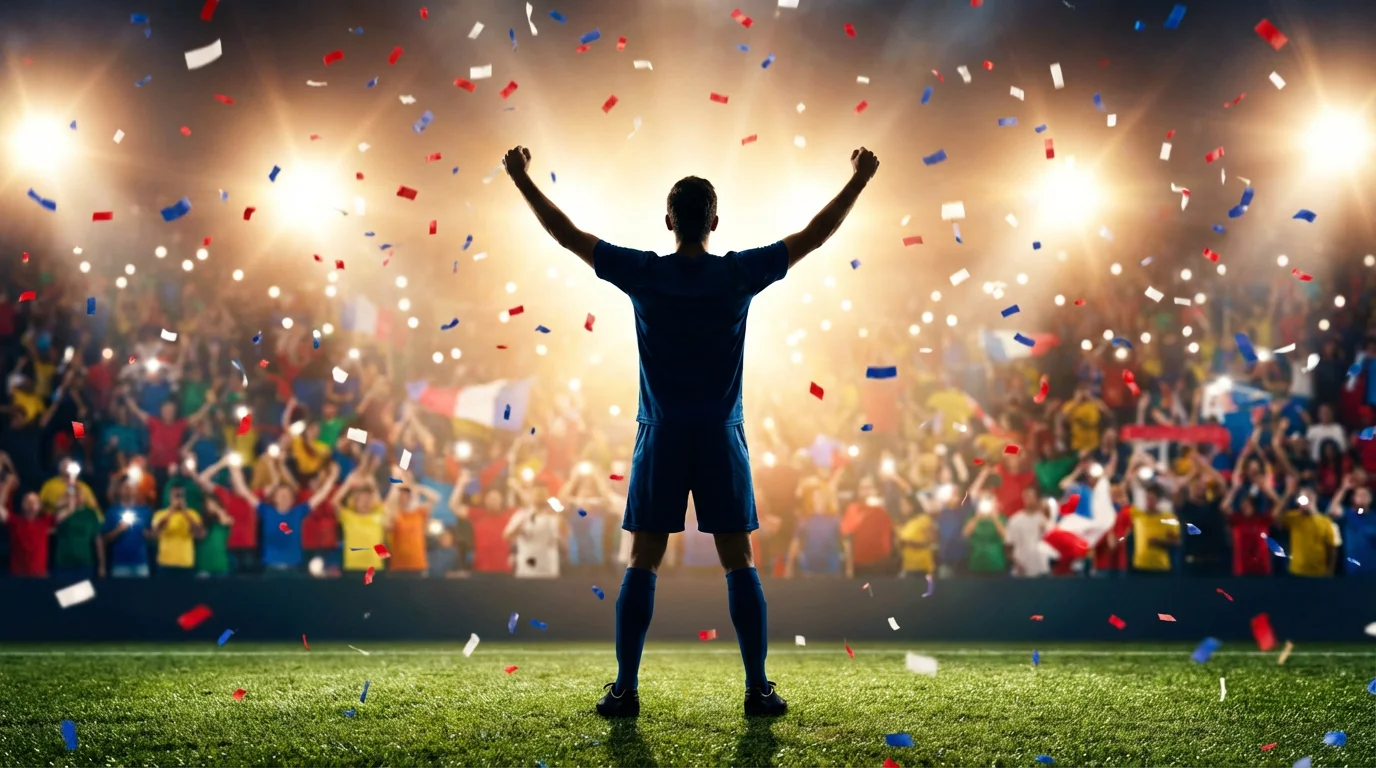 Football player celebrating a goal with arms raised under stadium spotlights