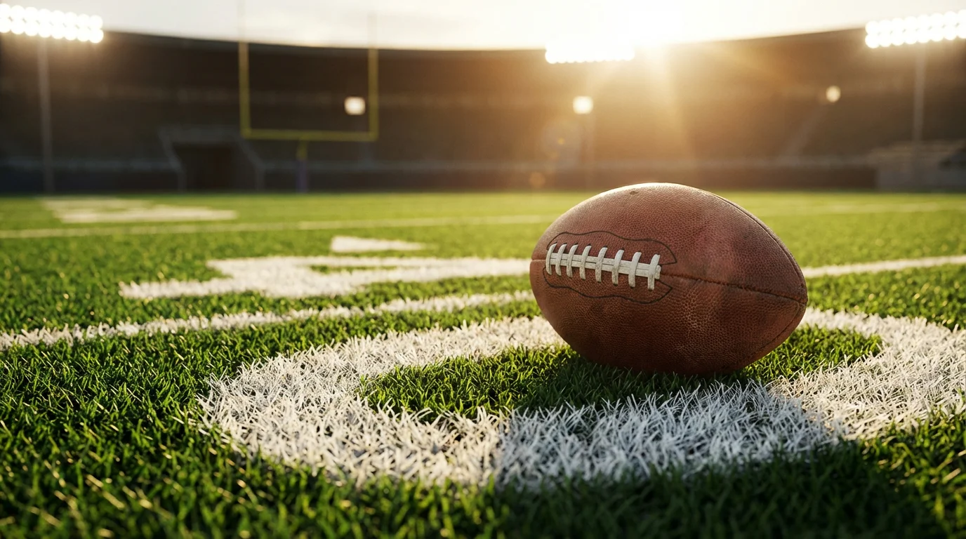 American football on a yard-line marker with stadium lights in the background
