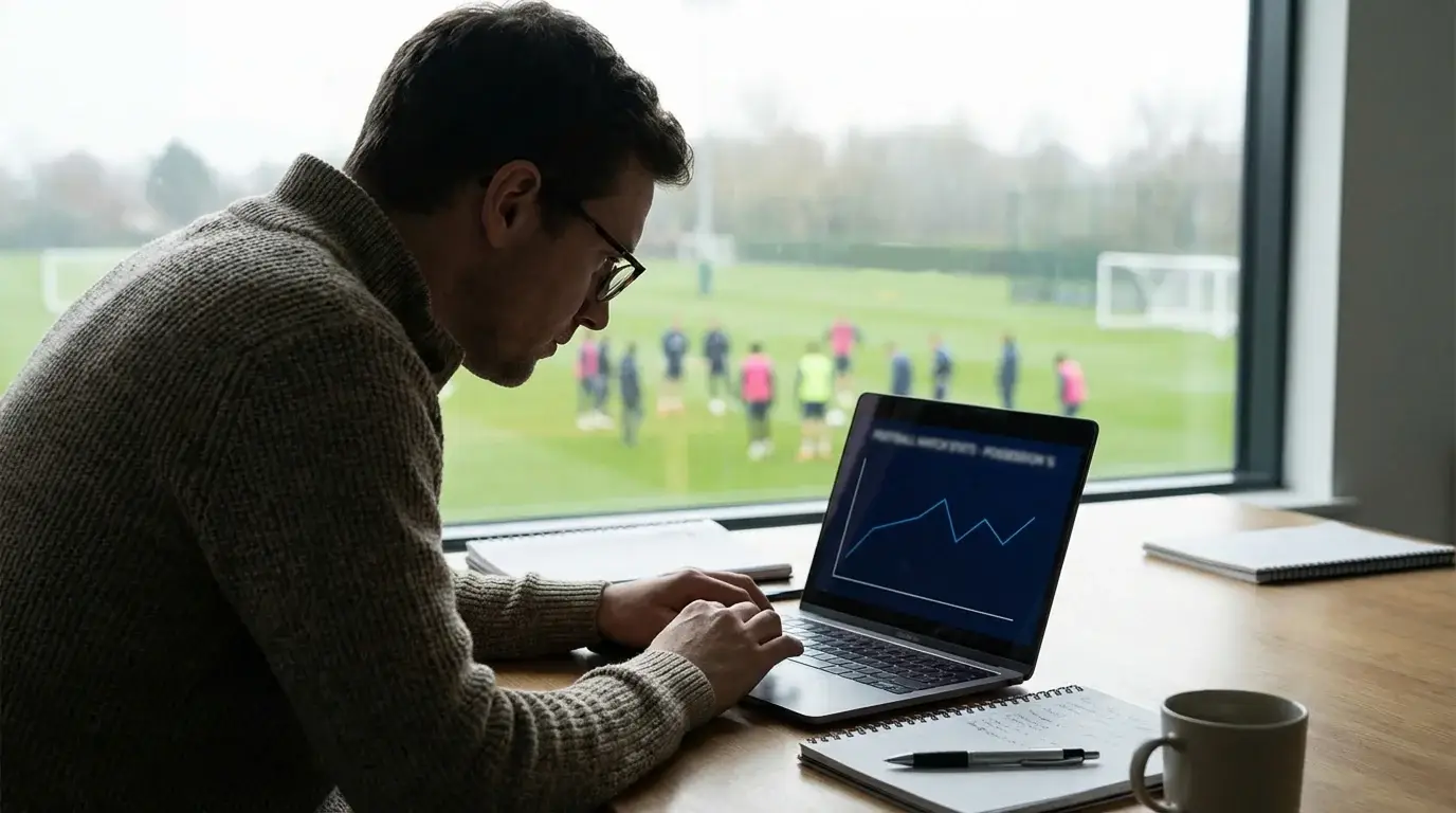 Analyst studying football match data on a laptop with a pitch visible through the window