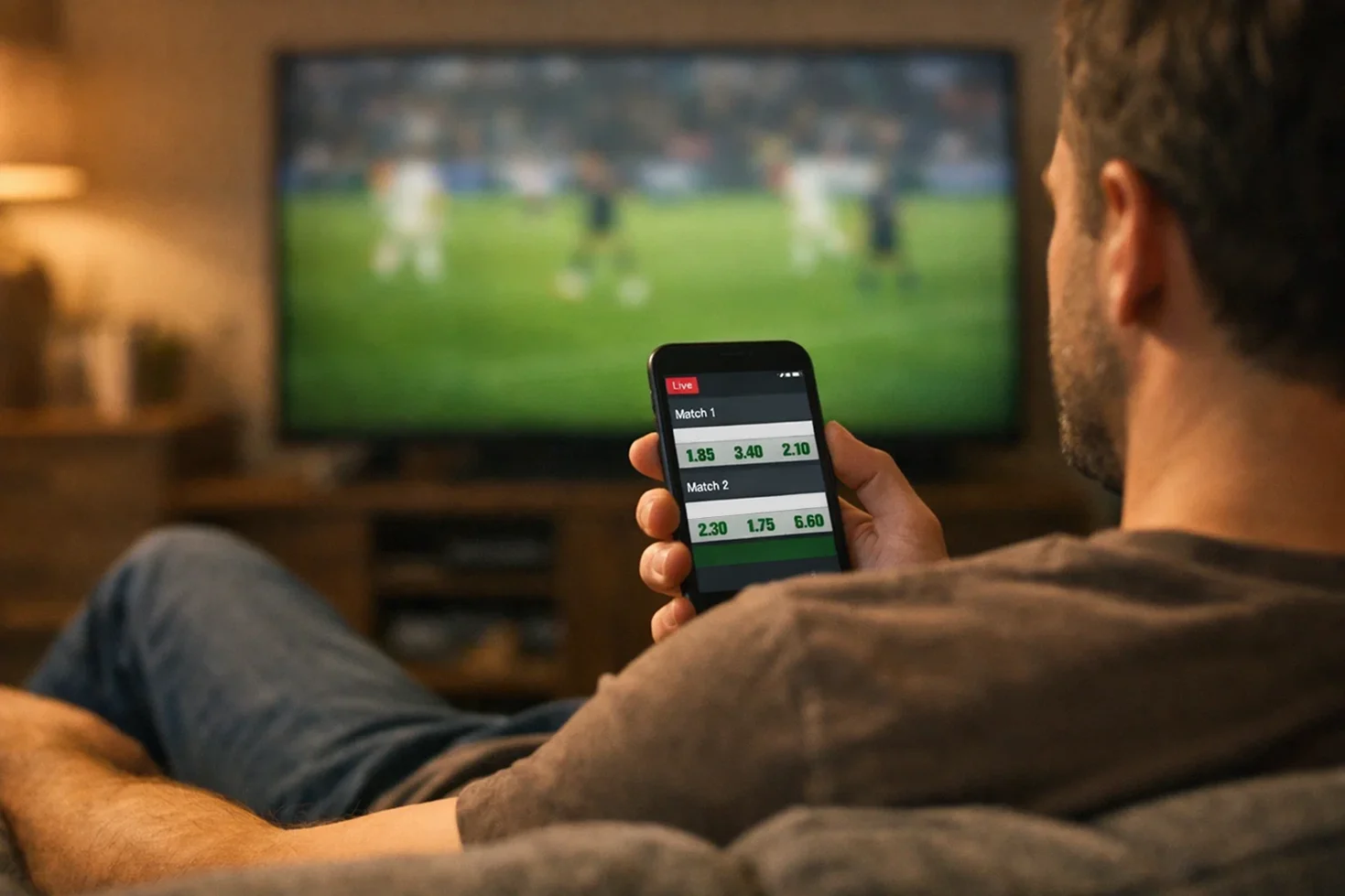 Person watching football match on TV while placing bet on smartphone