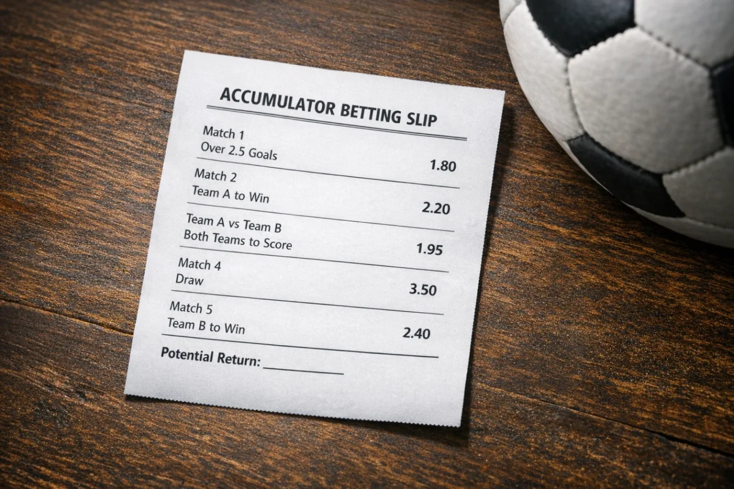 Betting slip showing five-fold football accumulator with potential winnings