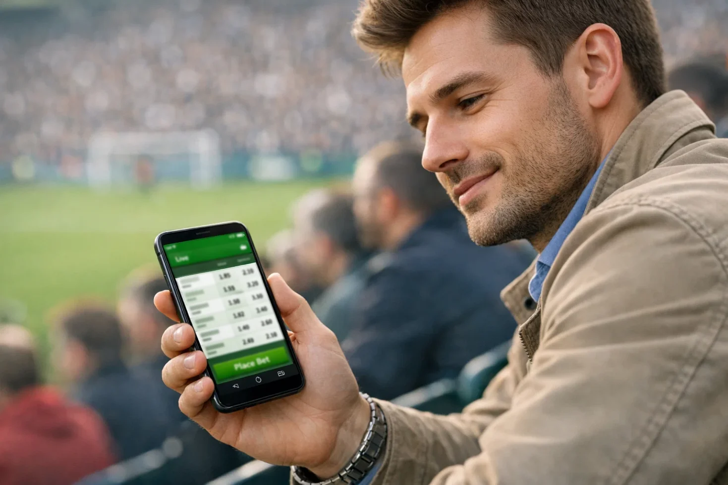 Person using smartphone betting app at football stadium