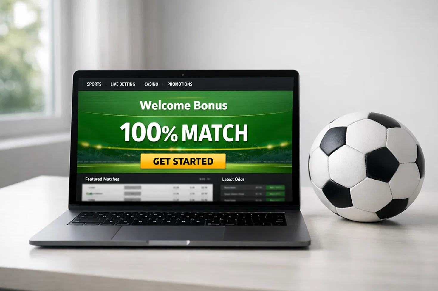 Welcome bonus offer displayed on laptop screen with football in background