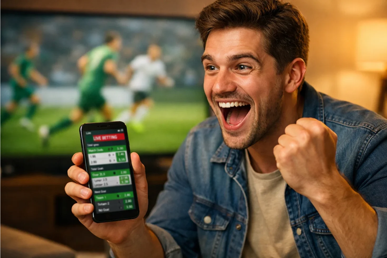 Excited fan watching football match while checking live betting odds on phone