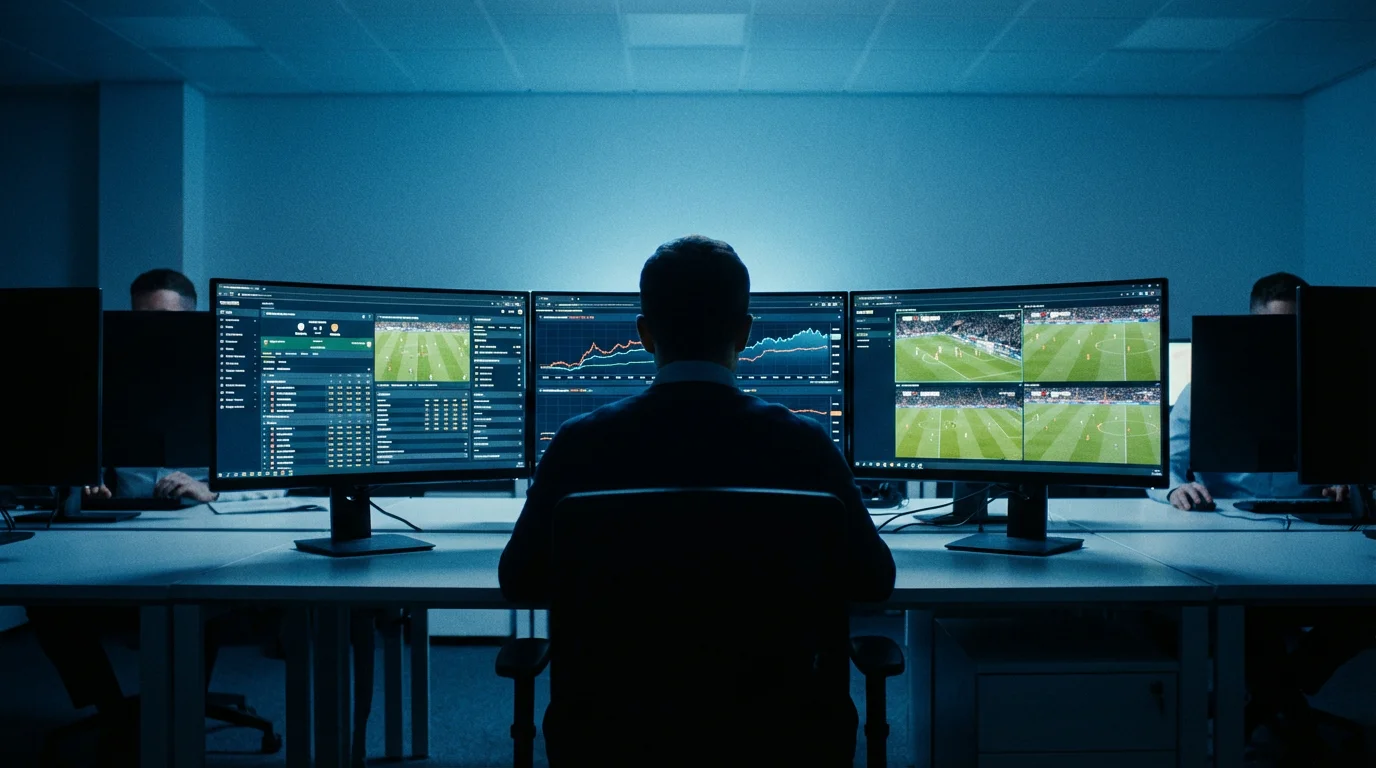 Trading room with multiple screens showing football match data and odds movements