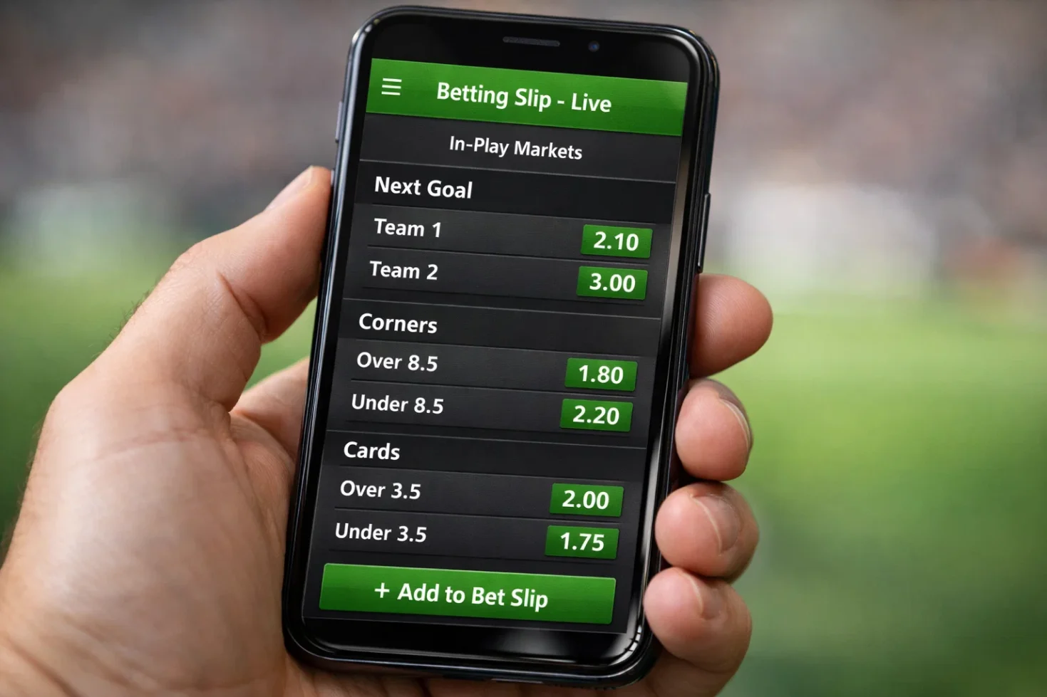 Betting slip showing various in-play football markets like next goal and corners