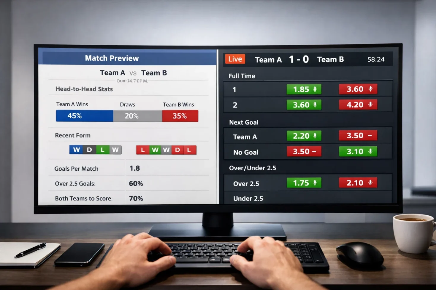Split screen showing pre-match analysis and live in-play betting interface