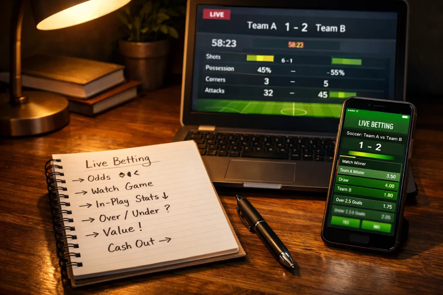 Notebook with live betting notes next to laptop showing match statistics