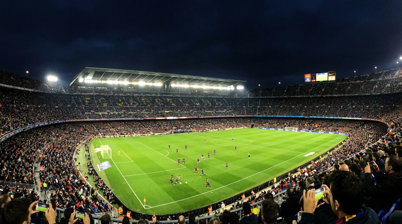 Football match in progress viewed from the stands with live betting odds overlaid