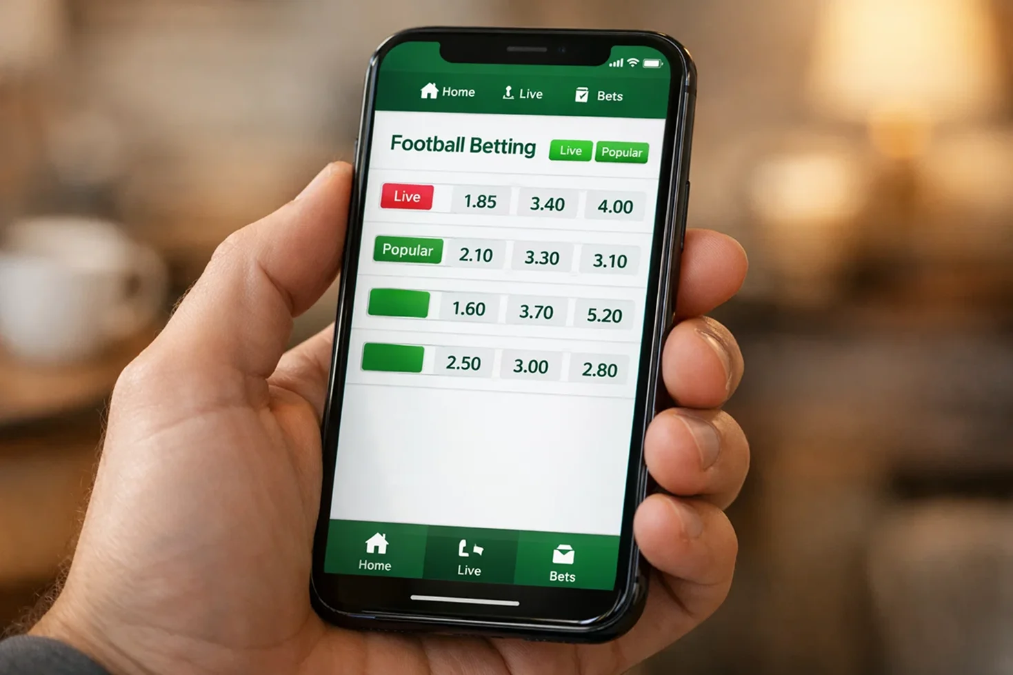 Mobile phone displaying football betting interface with live odds