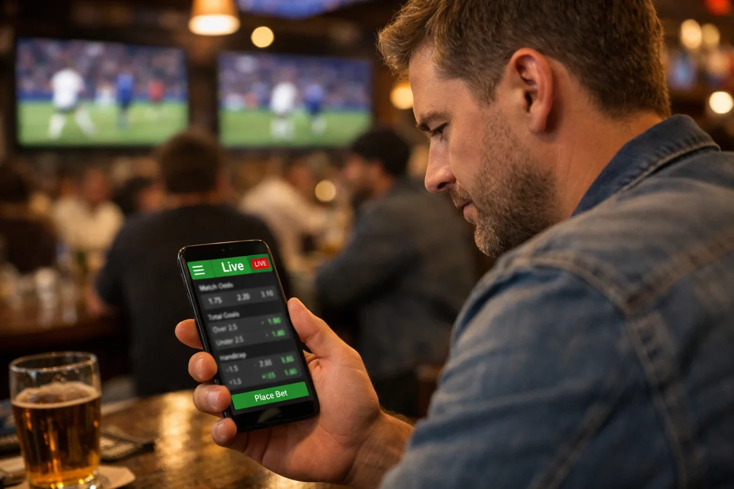 Person using mobile betting app while sitting in pub watching football