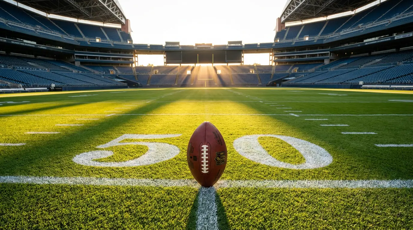 American football resting on the 50-yard line in an empty NFL stadium at sunset