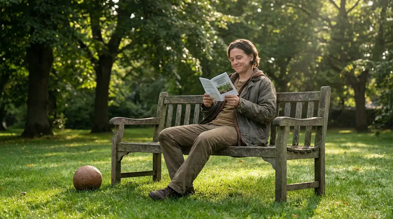 Person sitting calmly on a park bench reading about responsible gambling with a football nearby
