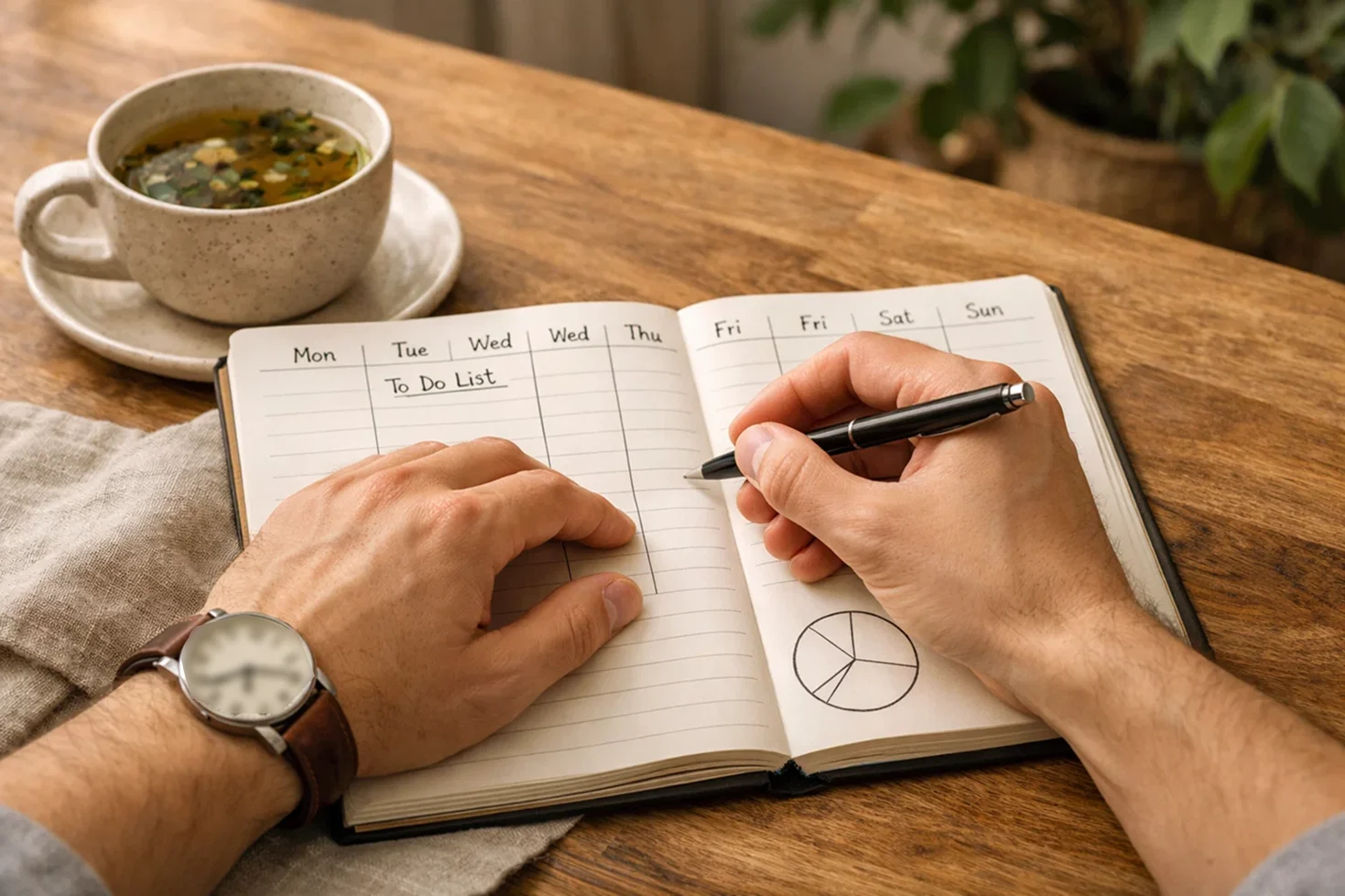 Calm setting showing responsible betting with time management and budget planning