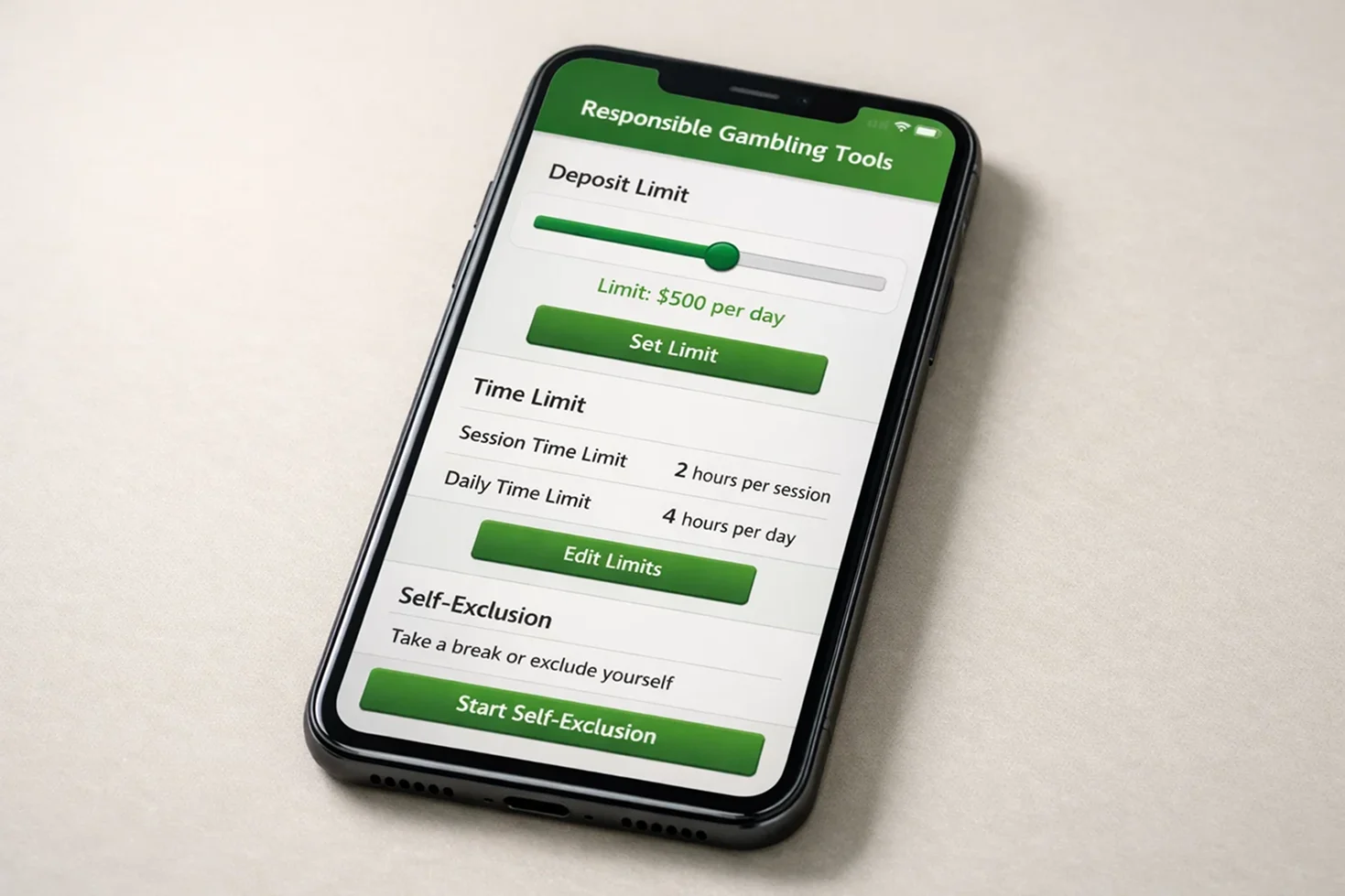 Responsible gambling tools on betting app showing deposit limits and time controls