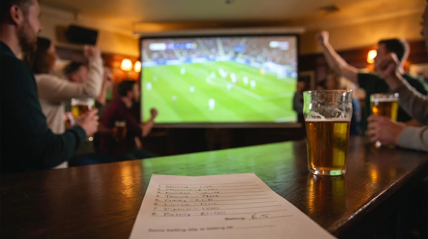 Multiple football match scenarios shown on a single betting screen in a sports bar