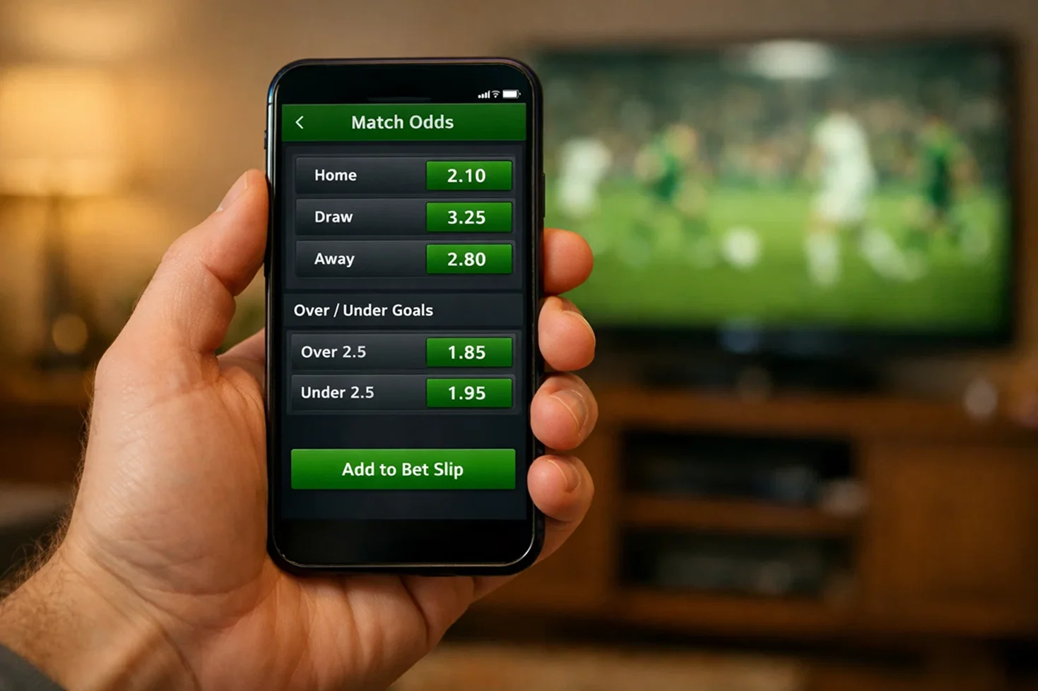 Hand holding phone with Bet365 app open showing football markets