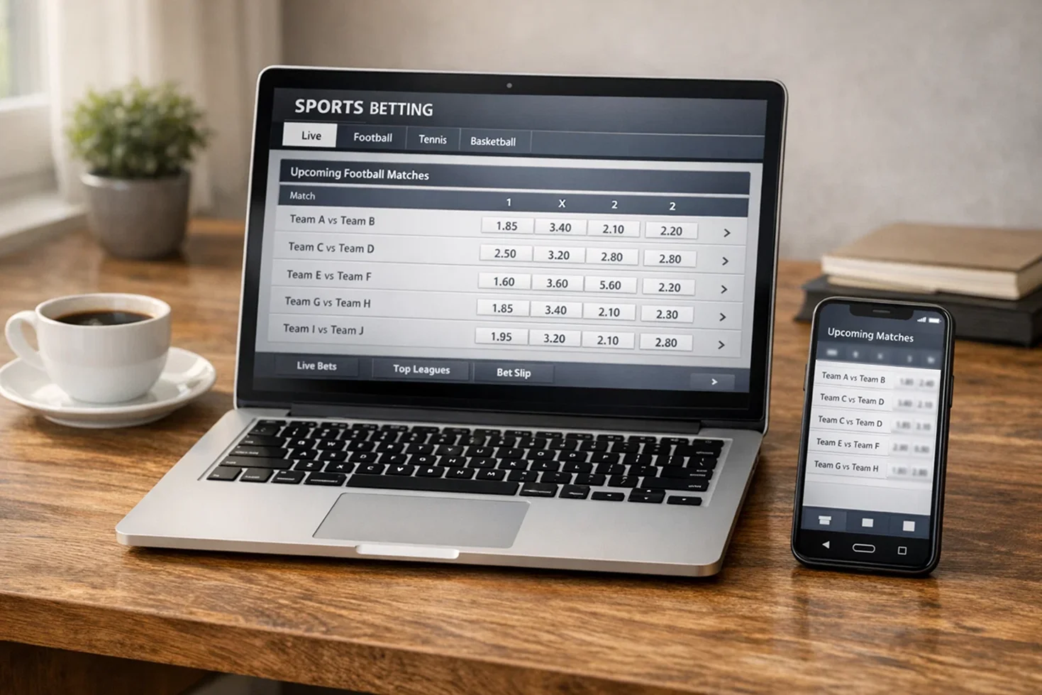 Modern laptop displaying sportsbook interface with football match odds